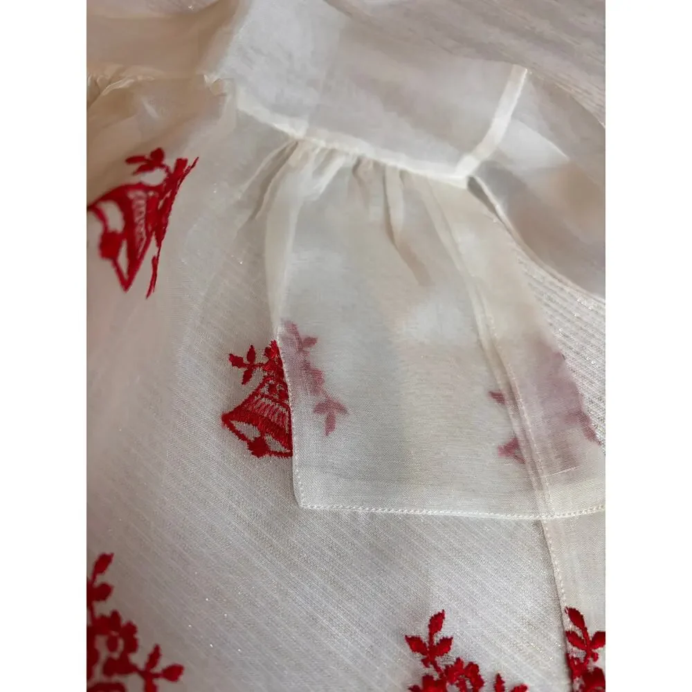 Vintage Christmas 1950s White Red Hostess Half Apron Sheer Housewife ScallopCUTE